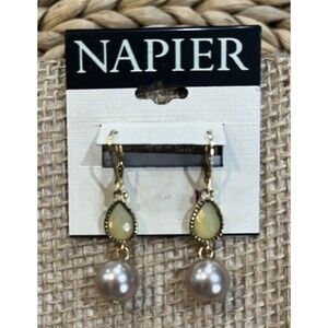 Napier VTG Gold Tone Faux Pearl Drop Rhinestone Pierced Earrings Y2K Fairycore